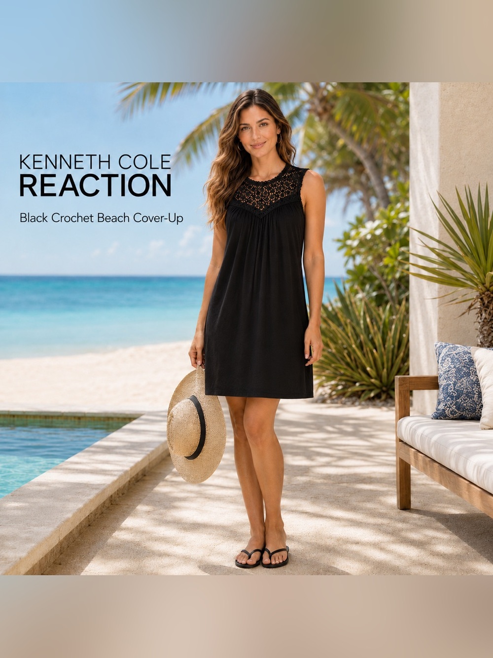 Kenneth Cole Reaction Black Sleeveless High-Low Dress with Crochet Yoke